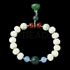 Dyed Bodhi Wood & Natural Agate Beaded Stretch Bracelet with Lotus Charms for Women BJEW-R310-01-2