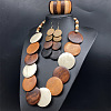 Bohemian Vintage Style Wooden Flat Round Beaded Necklaces & Dangle Earrings & Beadeed Bracelets Sets for Women FS-WGEDB9C-01-4