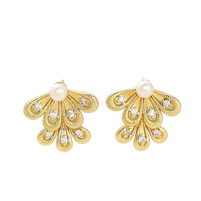 Leaf Brass Micro Pave Clear Cubic Zirconia Stud Earring Findings KK-D102-04G-1