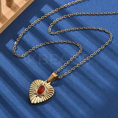 304 Stainless Steel Red Cubic Zirconia Heart Pendant Necklaces NJEW-S439-06G-1