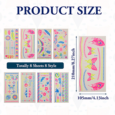 8 Sheets 8 Style Creative Fluorescent Arm Removable Temporary Tattoos Paper Stickers STIC-TA0002-02-1