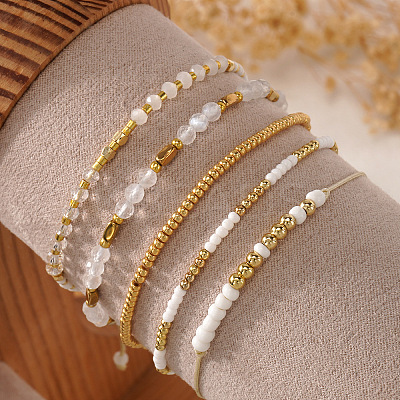 5Pcs Glass & Metal Gold & White Beaded Bracelet Sets AB9103-3-1
