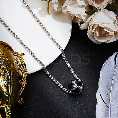 1Pc 304 Stainless Steel Black Enamel Football Pendant Wheat Chain Necklaces NJEW-BBC0001-31-1