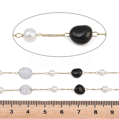 Natural Blue Lace Agate & Black Onyx(Dyed & Heated) Nuggets & 316 Stainless Steel Handmade Link Chains CHS-K021-14G-01-1