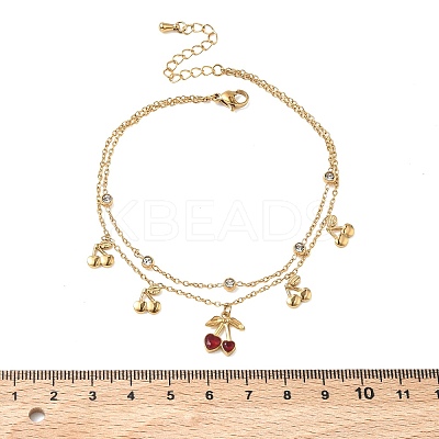 304 Stainless Steel Pave Clear Cubic Zirconia Enamel Charm 2-Strand Anklets for Women AJEW-K054-01A-G-1