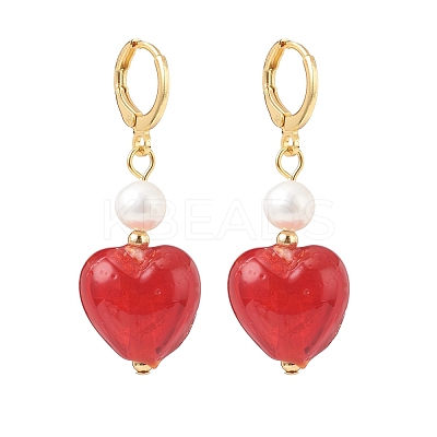 Red Glass Heart with Natural Pearl Dangle Leverback Earrings EJEW-TA00129-1