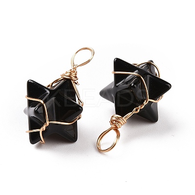 Natural Obsidian Copper Wire Wrapped Pendants G-B041-02G-16-1