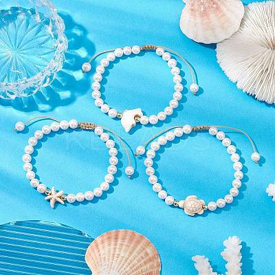 3Pcs 3 Styles Summer Shell Pearl Braided Bead Bracelets BJEW-JB10323-1