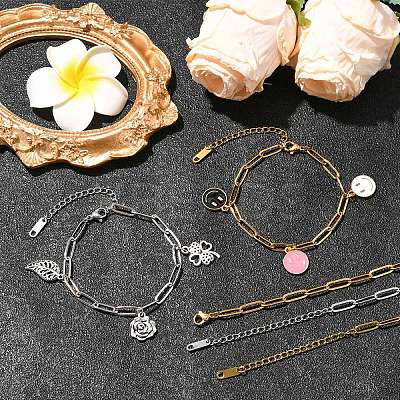 10Pcs 2 Colors 304 Stainless Steel Paperclip Chain Bracelets BJEW-YW00013-01-1