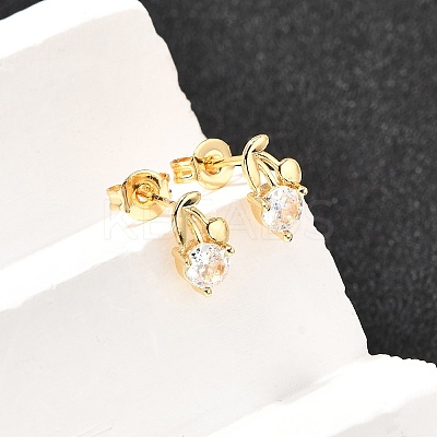 Flower Brass Micro Pave Clear Cubic Zirconia Stud Earrings EJEW-A135-12G-1