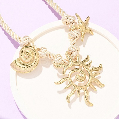 304 Stainless Steel Sun Starfish Conch Shape Pendant Polyester Twisted Rope Necklaces NJEW-D340-05G-1