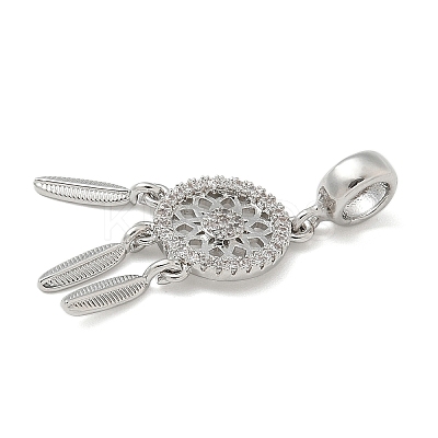 Brass Clear Cubic Zirconia Woven Web/Net with Feather European Dangle Charms KK-U050-01P-1