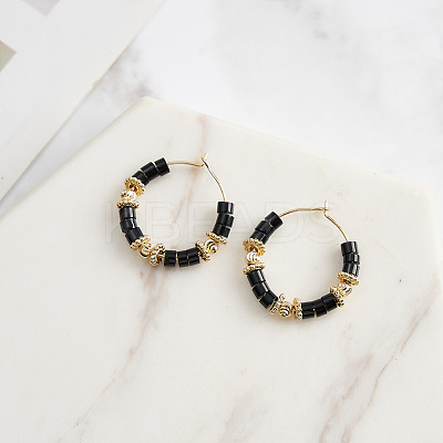 Natural Obsidian Beaded Hoop Earrings EJEW-L294-003G-01-1