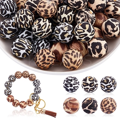 60 Pcs 15mm Silicone Beads Loose Silicone Beads Kit Leopard Print Silicone Beads for Keychain Making Bracelet Necklace JX309A-1