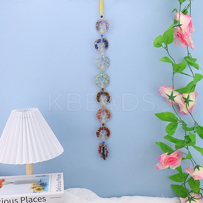 Brass Wire Wrapped Chakra Natural Mixed Stone Chips Tree of Life Suncatchers HJEW-H065-03G-1