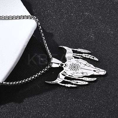 Punk Style 201 Stainless Steel Laser Cut Cattle Head Pendant Box Chain Necklaces for Women Men NJEW-E156-04P-1