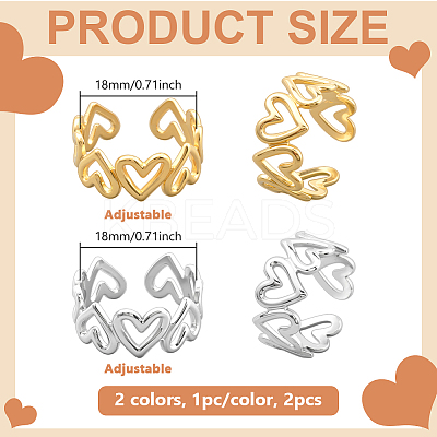 2Pcs 2 Colors Adjustable 304 Stainless Steel Hollow Heart Cuff Rings for Women RJEW-HY0001-09-1
