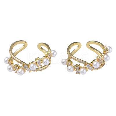 Cubic Zirconia Infinity Open Cuff Ring with Imitation Pearl RJEW-N035-132-1