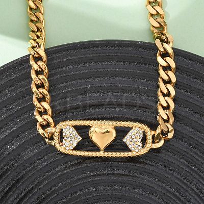 304 Stainless Steel Crystal Rhinestone Rectangle with Heart Pendant Necklaces for Women NJEW-D340-01G-1