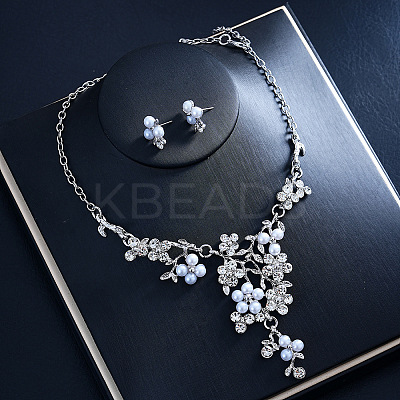 Alloy Rhinestone & Imitation Pearl Floral Necklace & Stud Earrings Sets for Women WGA95B7-01-1