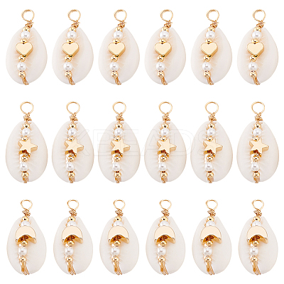 18Pcs 3 Styles Natural Cowrie Shell Pendant PALLOY-GO00044-1