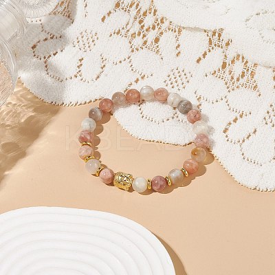 Natural Multi-Moonstone & Alloy Buddha Head Beaded Stretch Bracelet BJEW-JB08913-02-1