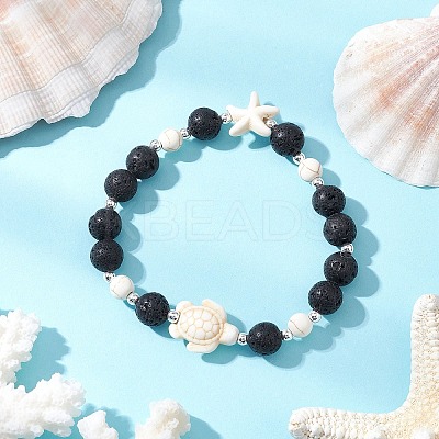 Synthetic Turquoise and Natural Lava Rock Beads Stretch Bracelets for Men Women BJEW-JB11824-02-1