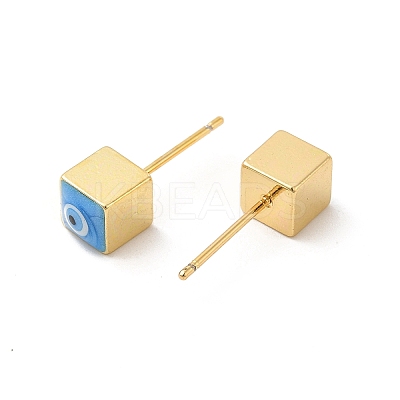 Long-Lasting Plated Cube with Enamel Evil Eye Stud Earring EJEW-E272-01G-01-1