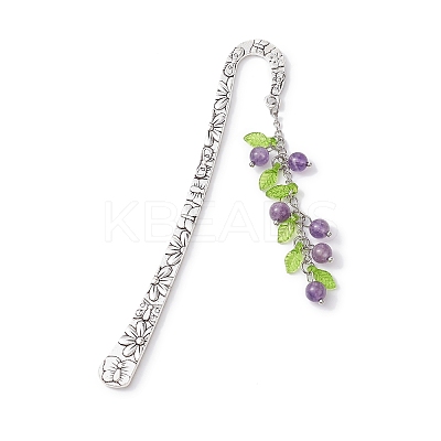 Mixed Natural Gemstone Bead Pendant Bookmarks with Acrylic Leaf AJEW-JK00272-1