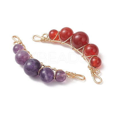 4Pcs 4 Styles Natural Tiger Eye & Rose Quartz & Carnelian & Amethyst Round Beaded Connector Charms PALLOY-TA00408-01-1