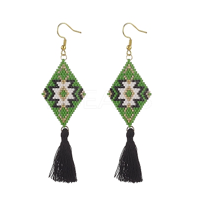 Glass Seed Braided Rhombus with Tassel Dangle Earrings EJEW-MZ00028-1