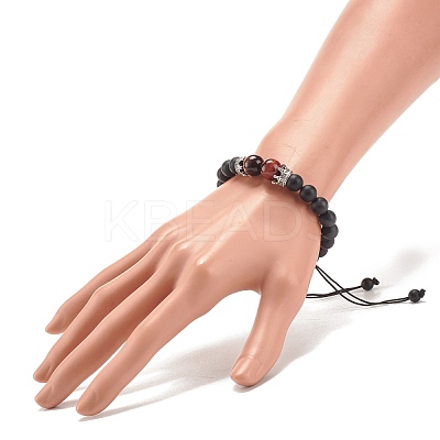 Natural Frosted Dyed & Heated Black Agate & Tiger Eye Braided Bead Bracelet with Alloy Crown BJEW-JB08249-05-1