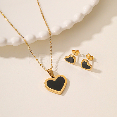 Sweet and Simple 201 Stainless Steel Shell Heart Pendant Necklace & Stud Earrings Set for Couples TZ9460-2-1