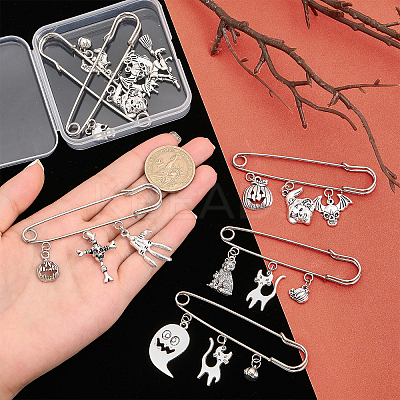 8Pcs 8 Style Halloween Pumpkin & Skull & Witch & Cat Zinc Alloy Charms Safety Pin Brooches Set JEWB-FH0001-30-1