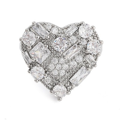 Rack Plating Brass Micro Pave Cubic Zirconia Heart Open Cuff Rings for Women RJEW-C080-05P-1