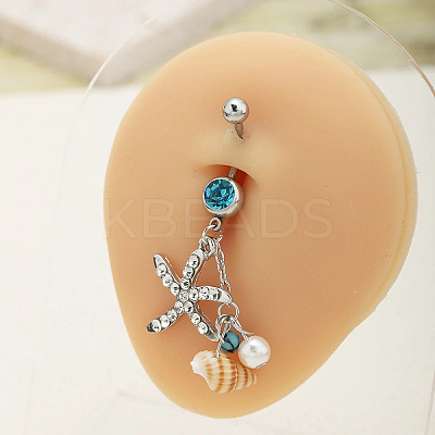 304 Stainless Steel Pave Cubic Zirconia & Plastic Pearl & Natural Shell Starfish Curved Barbell Dangle Belly Rings FS-WGCE39A-01-1