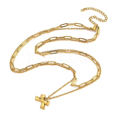 304 Stainless Steel Bowknot Pendant Necklaces NJEW-L182-001G-02-1