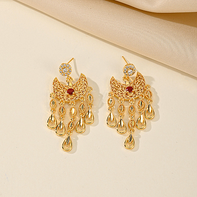 Golden Crescent Moon Tassel Brass Dangle Stud Earrings TM2234-1-1