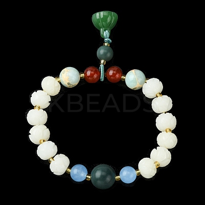 Dyed Bodhi Wood & Natural Agate Beaded Stretch Bracelet with Lotus Charms for Women BJEW-R310-01-1