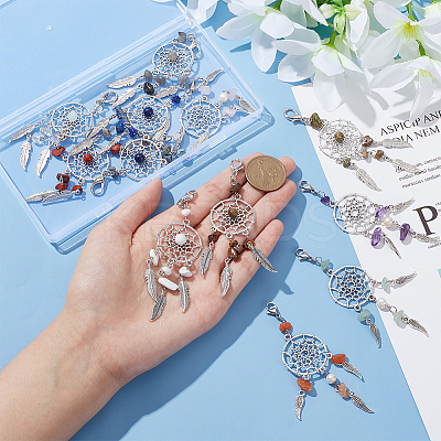 20Pcs 2 Style Woven Net/Web with Feather Alloy Pendant Decoration HJEW-NB0001-92-1
