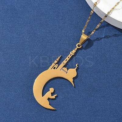 201 Stainless Steel Hollow Moon with Castle and Prayer Pendant Necklaces for Ramadan & Eid Mubarak NJEW-D318-05G-1