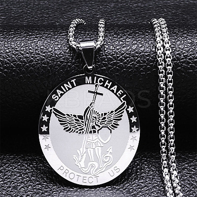 201 Stainless Steel Archangel Saint Michael Medal Pendant Box Chain Necklaces for Women NJEW-S440-01P-1