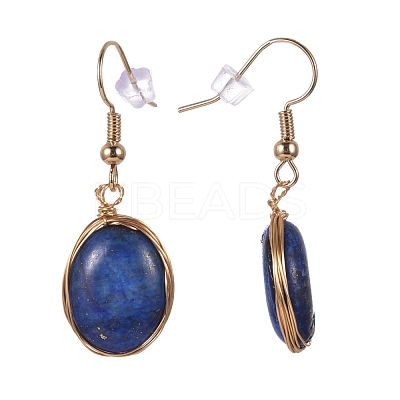 Wire Wrapped Natural Lapis Lazuli Dangle Earrings EJEW-JE04283-03-1
