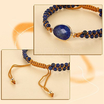 Natural Lapis Lazuli Teardrop Link Braided Bead Bracelet BJEW-SZ0002-54B-1