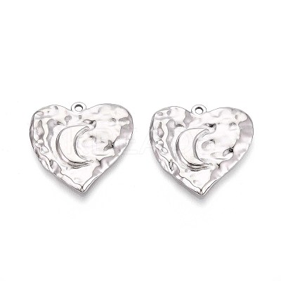 304 Stainless Steel Textured Heart with Moon Pendants STAS-T067-33P-1