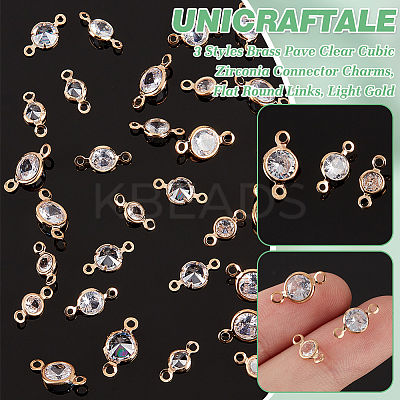 60Pcs 3 Styles Brass Pave Clear Cubic Zirconia Connector Charms FIND-UN0004-42-1
