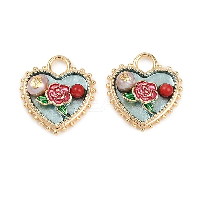 Brass Enamel & Natural Pearl Heart with Rose Flower Pendants KK-K351-49G-02-1