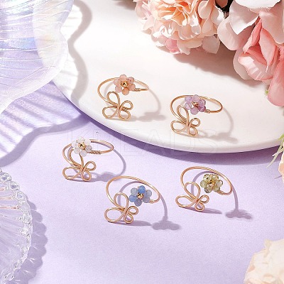 Flower Natural Peridot & Rainbow Moonstone & Amethyst & Blue Aventurine & Sunstone Finger Rings RJEW-JR00778-1