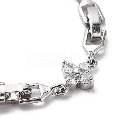 Noble Gift Ideas for Lady Platinum Plated Brass Micro Pave Cubic Zirconia CZ Flower Link Chain Bracelets BJEW-L471-01-1