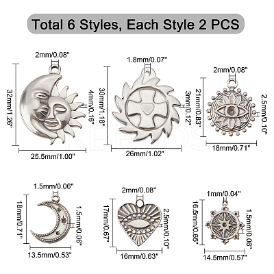 12Pcs 6 Style 304 Stainless Steel Pendants STAS-DC0003-38-1